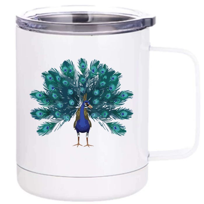 Blue Peacock Print Teal Feathers Bird Lover Men Women Gifts Front & Back 12oz Stainless Steel Tumbler Cup