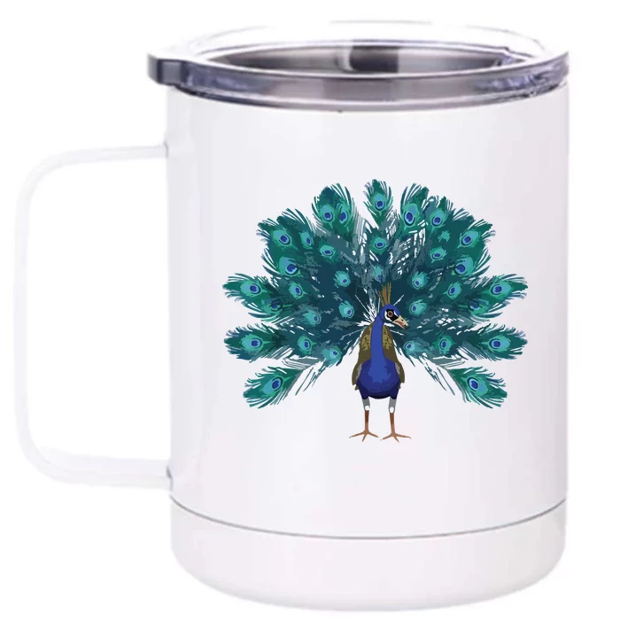 Blue Peacock Print Teal Feathers Bird Lover Men Women Gifts Front & Back 12oz Stainless Steel Tumbler Cup