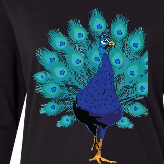 Blue Peacock Print Teal Feathers Bird Lover Gifts Womens Cotton Relaxed Long Sleeve T-Shirt