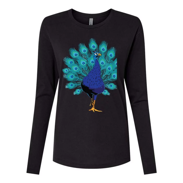 Blue Peacock Print Teal Feathers Bird Lover Gifts Womens Cotton Relaxed Long Sleeve T-Shirt