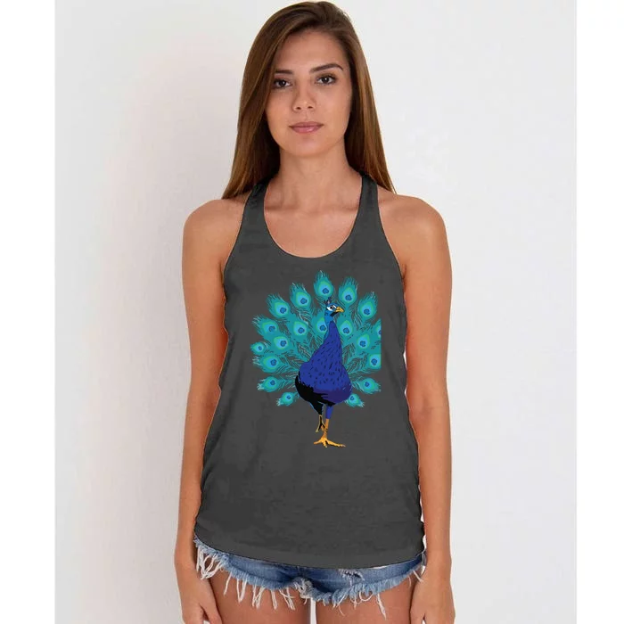 Blue Peacock Print Teal Feathers Bird Lover Gifts Women's Knotted Racerback Tank