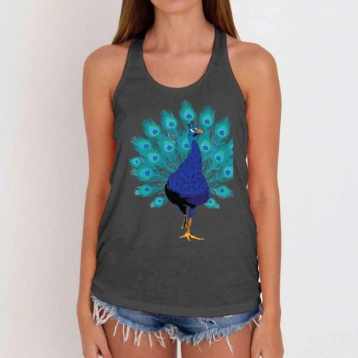 Blue Peacock Print Teal Feathers Bird Lover Gifts Women's Knotted Racerback Tank