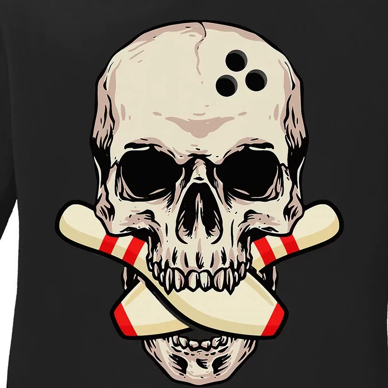 Bowling Pins Retro Skull Skeleton Head Bowling Ball Ladies Long Sleeve Shirt