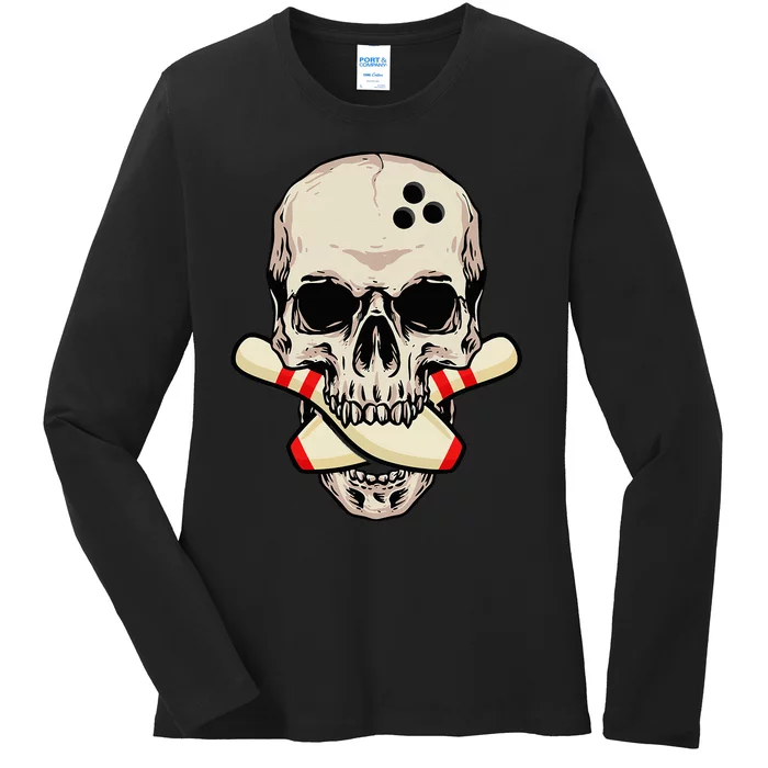 Bowling Pins Retro Skull Skeleton Head Bowling Ball Ladies Long Sleeve Shirt