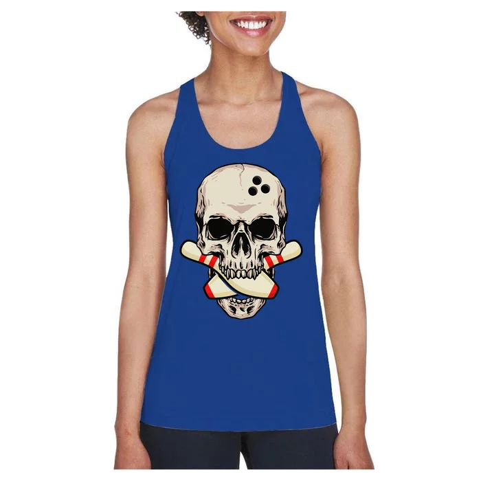 Bowling Pins Retro Skull Skeleton Head Bowling Ball Women's Racerback Tank