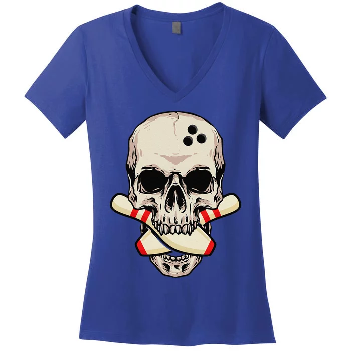 Bowling Pins Retro Skull Skeleton Head Bowling Ball Women's V-Neck T-Shirt