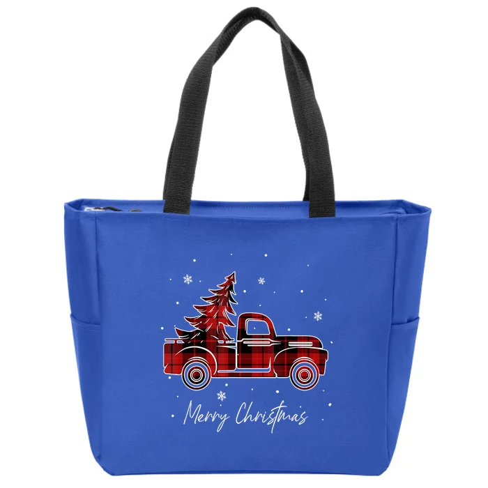 Buffalo Plaid Red Christmas Tree Funny Truck Xmas Pajamas Gift Zip Tote Bag