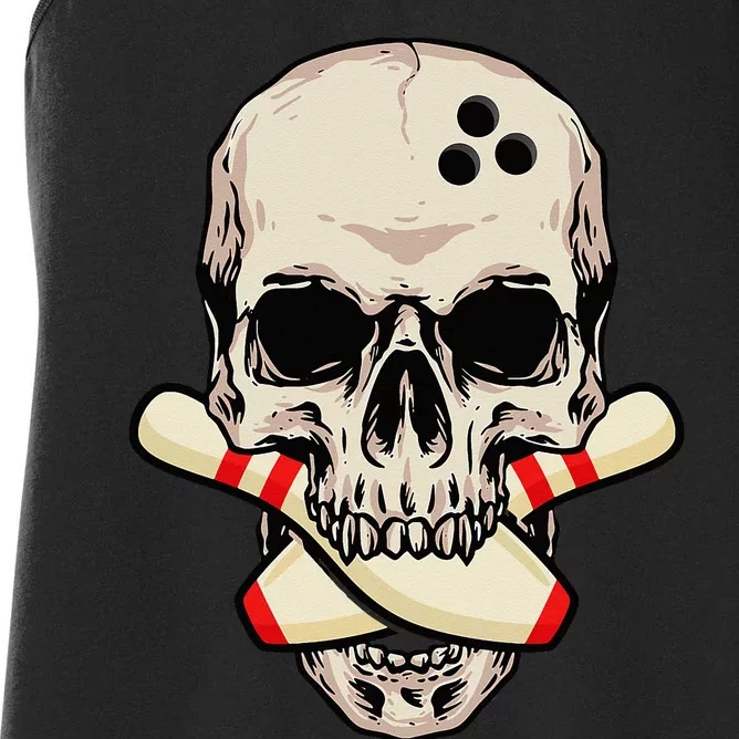 Bowling Pins Retro Skull Skeleton Head Bowling Ball Women's Racerback Tank