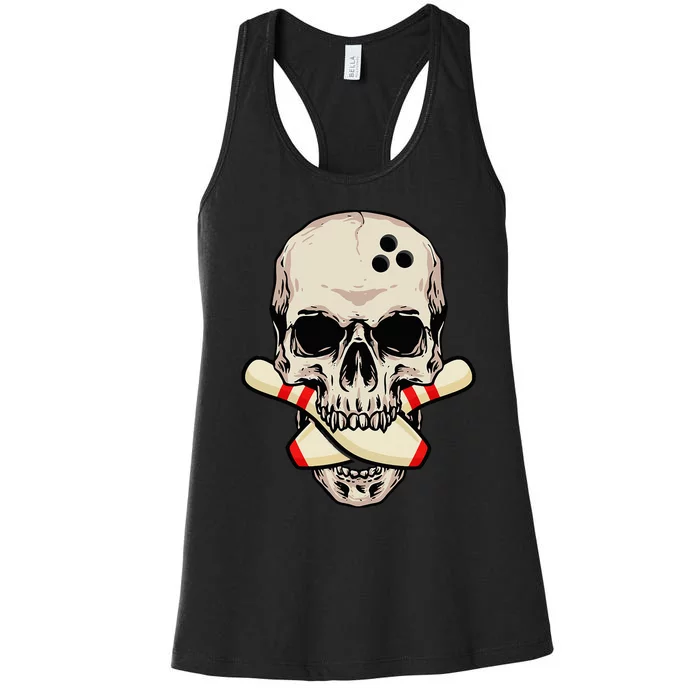 Bowling Pins Retro Skull Skeleton Head Bowling Ball Women's Racerback Tank