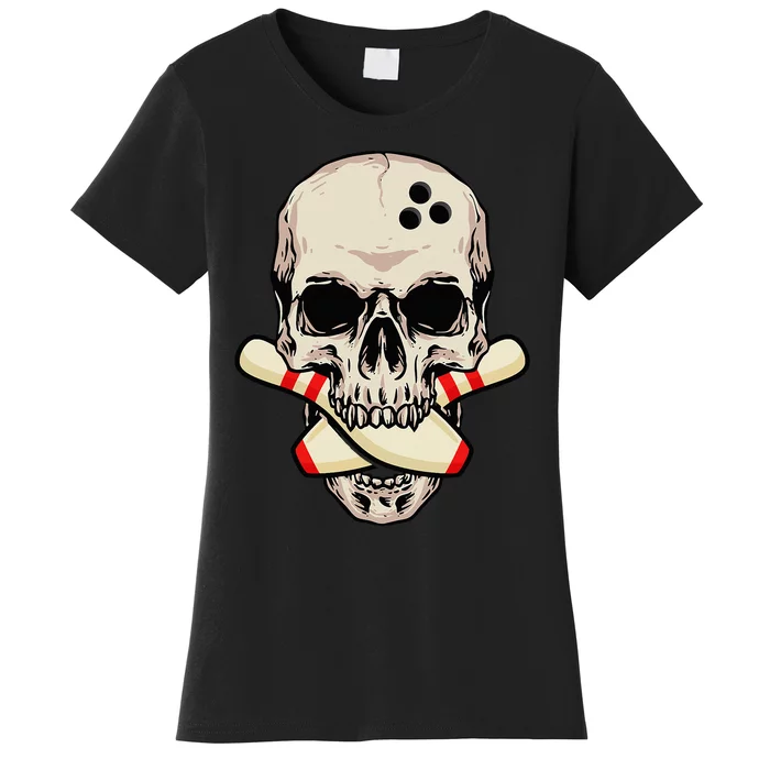 Bowling Pins Retro Skull Skeleton Head Bowling Ball Women's T-Shirt