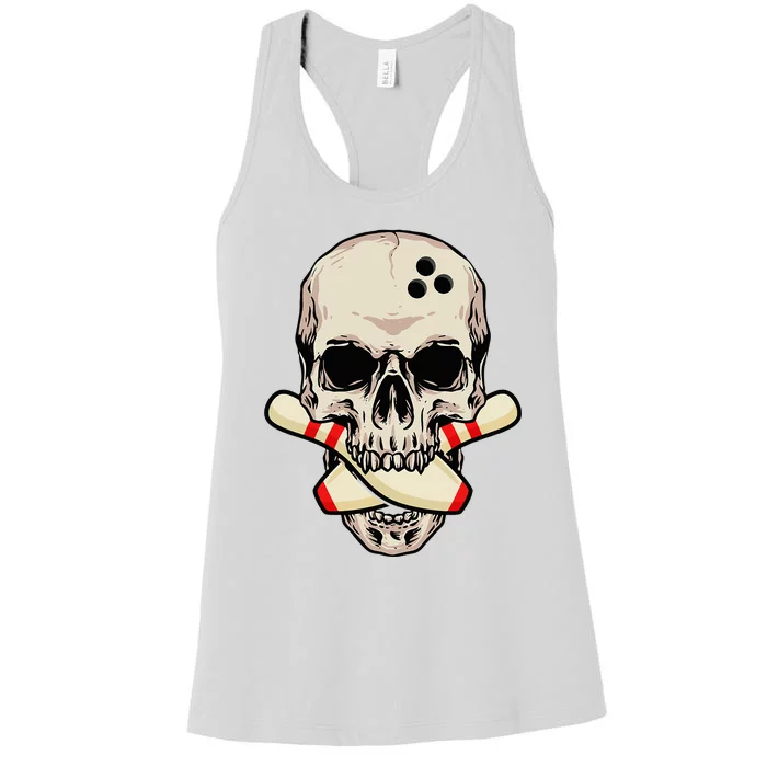 Bowling Pins Retro Skull Skeleton Head Bowling Ball Women's Racerback Tank