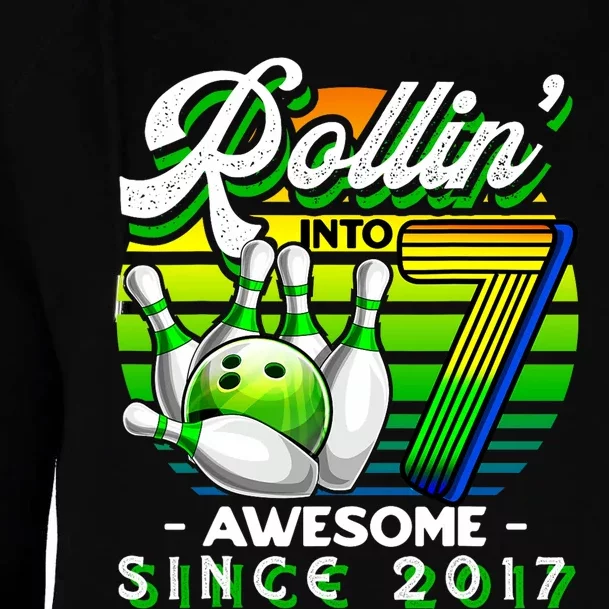 Bowling Party Rollin 7 Awesome 2017 Retro 7th Birthday Womens Funnel Neck Pullover Hood