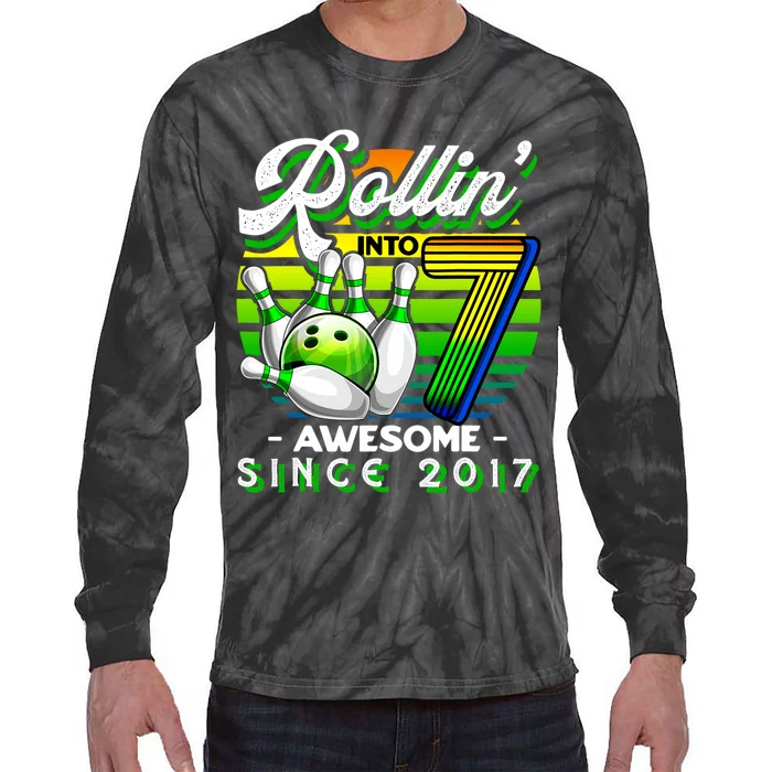 Bowling Party Rollin 7 Awesome 2017 Retro 7th Birthday Tie-Dye Long Sleeve Shirt