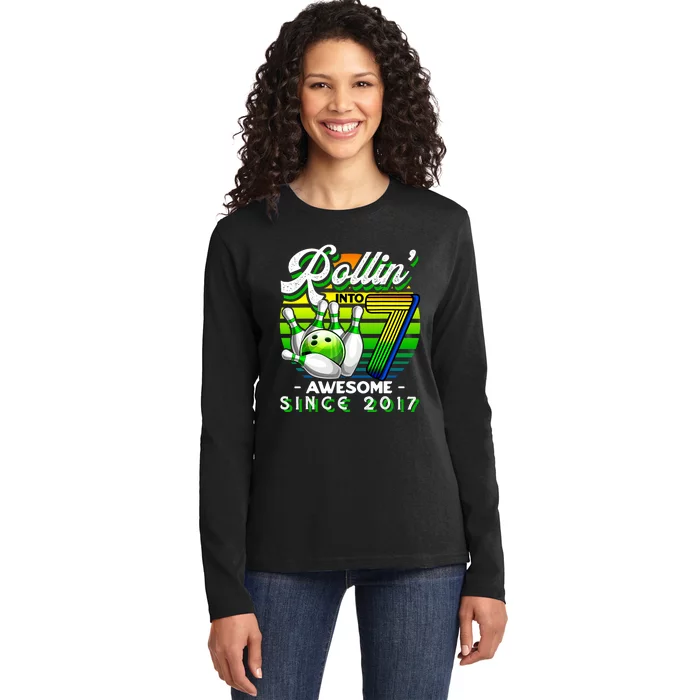 Bowling Party Rollin 7 Awesome 2017 Retro 7th Birthday Ladies Long Sleeve Shirt