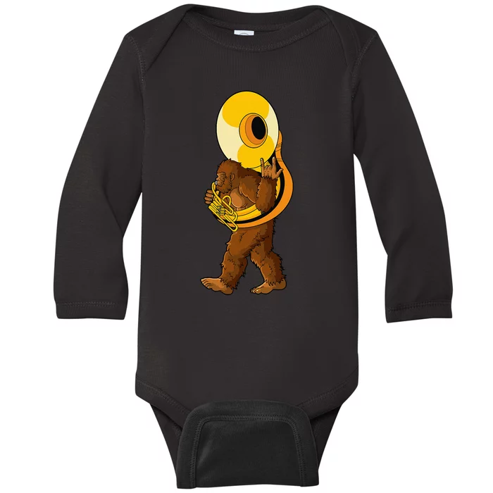 Bigfoot Playing Sousaphone Instrument Tuba Baby Long Sleeve Bodysuit