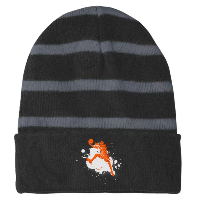 Basketball Player Slam Dunk Splash Striped Beanie with Solid Band