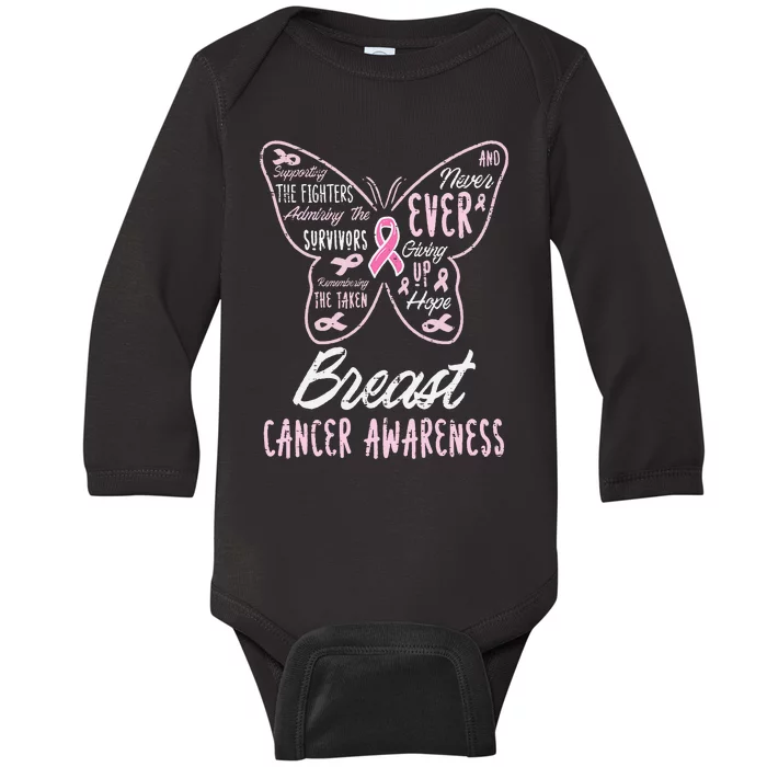 Butterfly Pink Supporting Fighters Breast Cancer Awareness Baby Long Sleeve Bodysuit