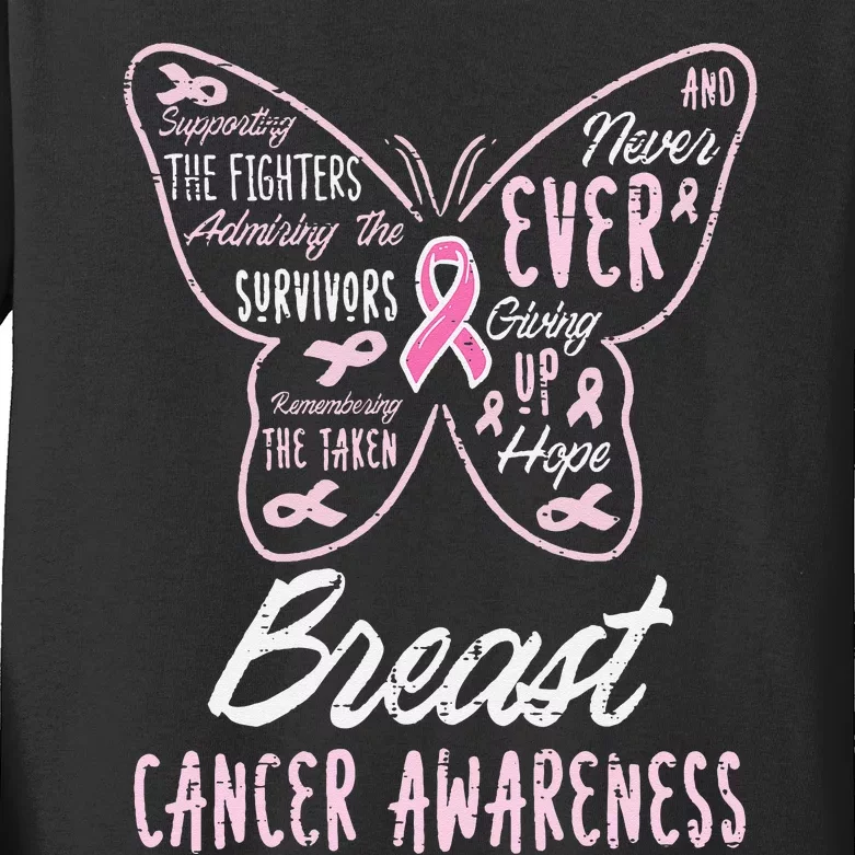 Butterfly Pink Supporting Fighters Breast Cancer Awareness Kids Long Sleeve Shirt