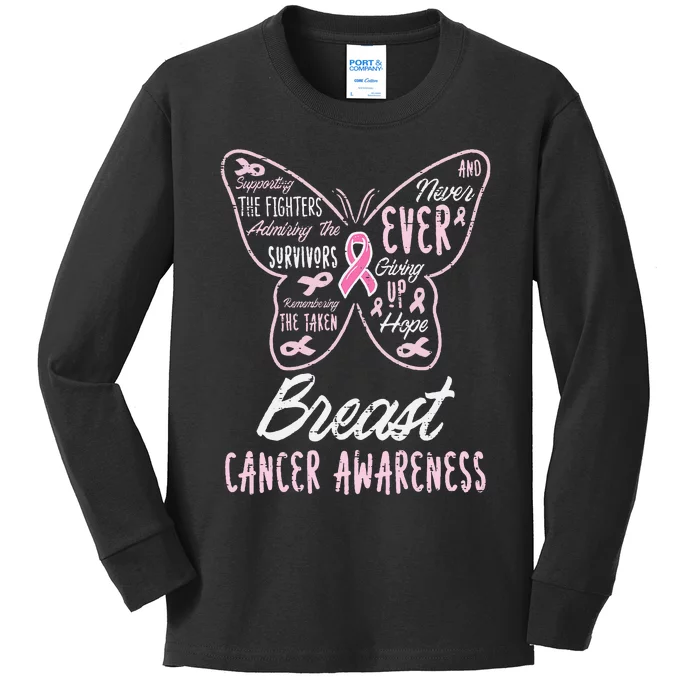 Butterfly Pink Supporting Fighters Breast Cancer Awareness Kids Long Sleeve Shirt