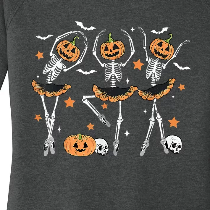 Ballet Pumpkin Skeleton Scary Halloween Women's Perfect Tri Tunic Long Sleeve Shirt