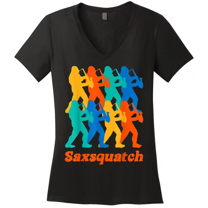 Bigfoot Playing Saxophone Saxsquatch Women's V-Neck T-Shirt