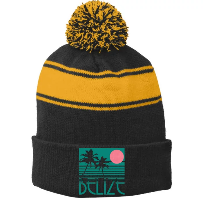 Belize Palm Trees Surf Vintage Retro Souvenir Stripe Pom Pom Beanie