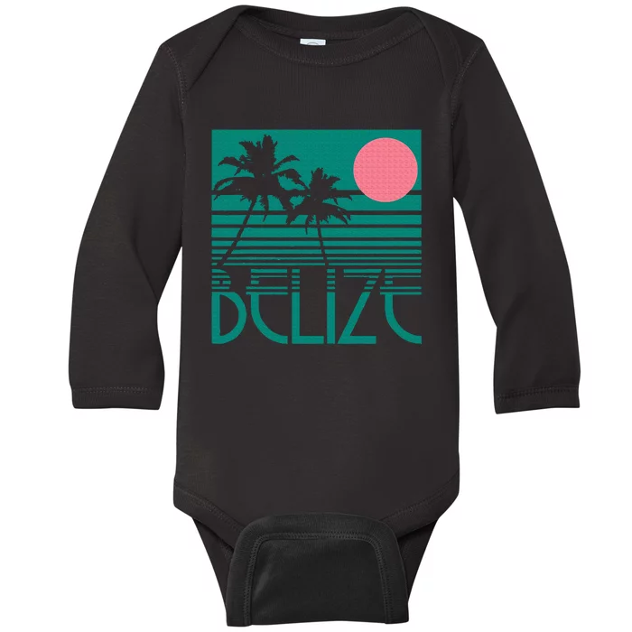 Belize Palm Trees Surf Vintage Retro Souvenir Baby Long Sleeve Bodysuit