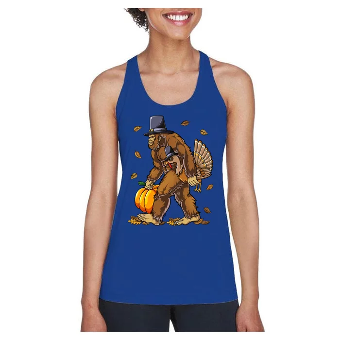 Bigfoot Pilgrim Turkey Pumpkin Thanksgiving Day Gift Women's Racerback Tank