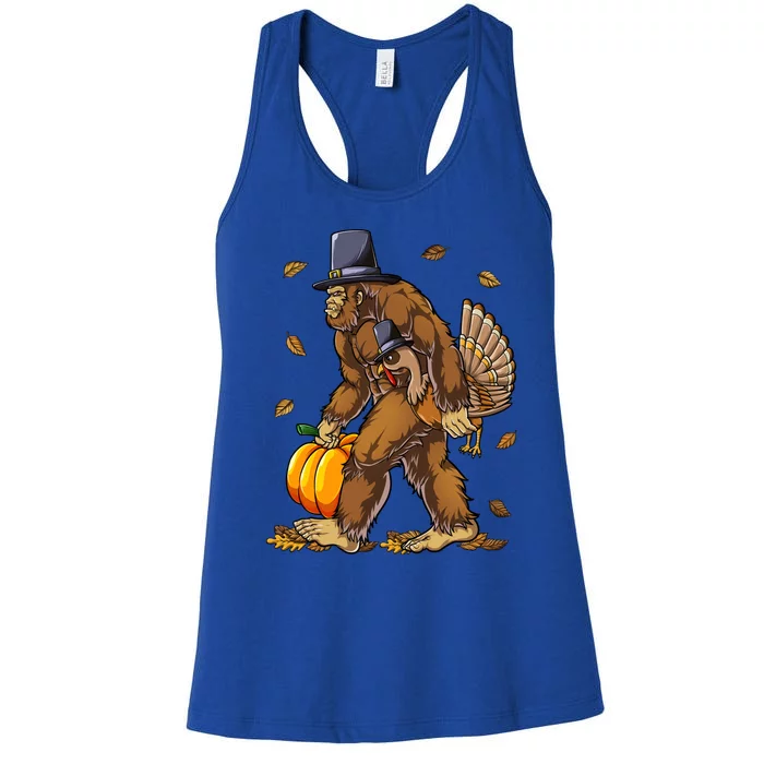 Bigfoot Pilgrim Turkey Pumpkin Thanksgiving Day Gift Women's Racerback Tank