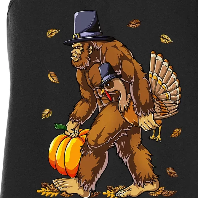 Bigfoot Pilgrim Turkey Pumpkin Thanksgiving Day Women's Racerback Tank