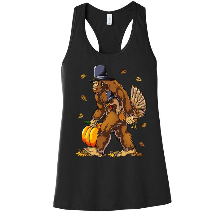 Bigfoot Pilgrim Turkey Pumpkin Thanksgiving Day Women's Racerback Tank