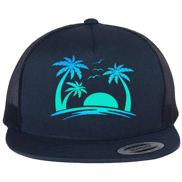 Beach Palm Tree Tropical Sunset Silhouette Sunny Lover Trip Flat Bill Trucker Hat