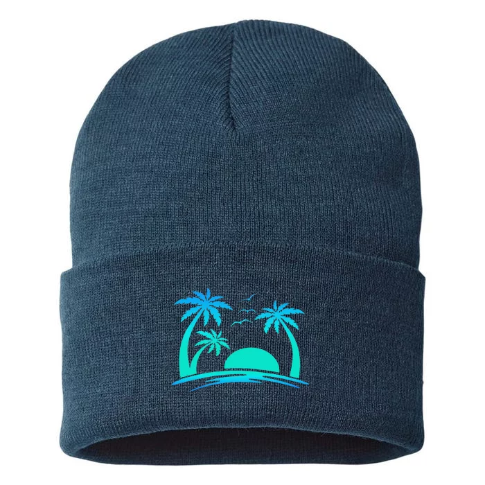 Beach Palm Tree Tropical Sunset Silhouette Sunny Lover Trip Sustainable Knit Beanie