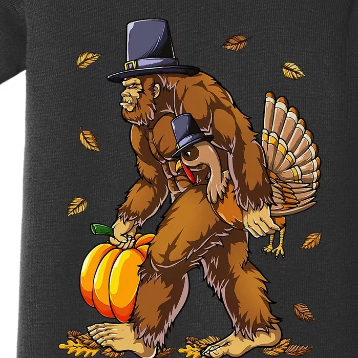 Bigfoot Pilgrim Turkey Pumpkin Thanksgiving Day Baby Bodysuit