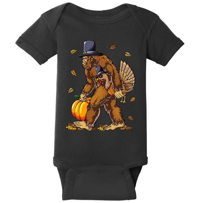 Bigfoot Pilgrim Turkey Pumpkin Thanksgiving Day Baby Bodysuit