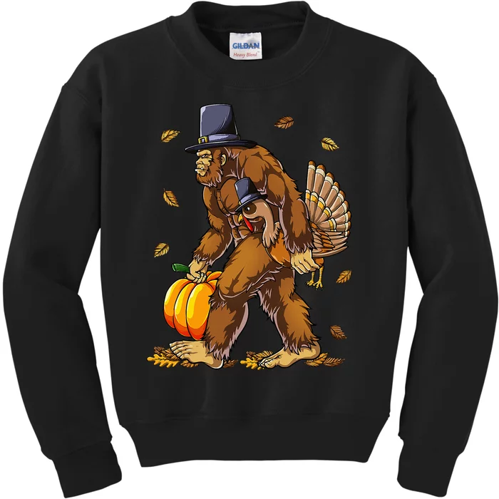 Bigfoot Pilgrim Turkey Pumpkin Thanksgiving Day Kids Sweatshirt