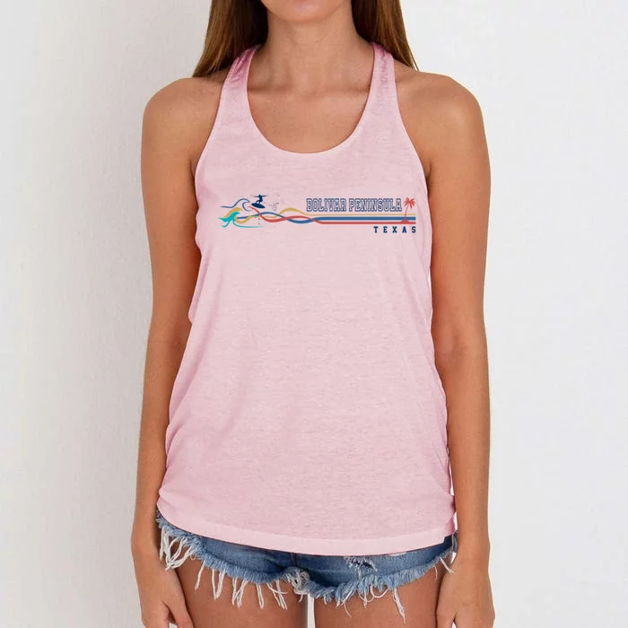 Bolivar Peninsula Texas Vintage Surfboarder Funny Gift Women's Knotted Racerback Tank