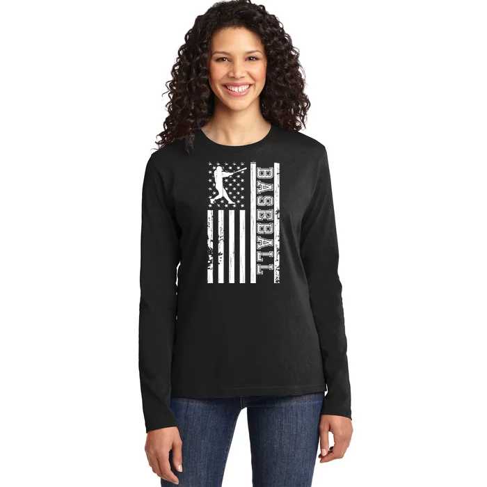 Baseball Pitcher USA Flag Ladies Long Sleeve Shirt