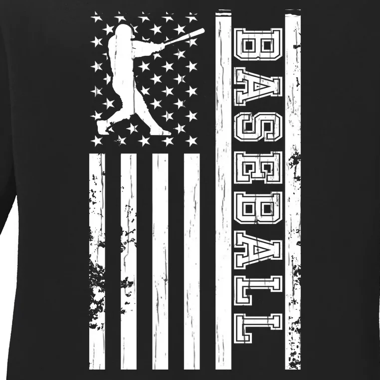 Baseball Pitcher USA Flag Ladies Long Sleeve Shirt