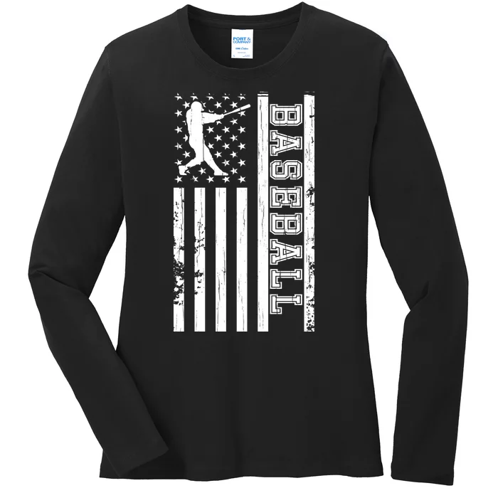 Baseball Pitcher USA Flag Ladies Long Sleeve Shirt