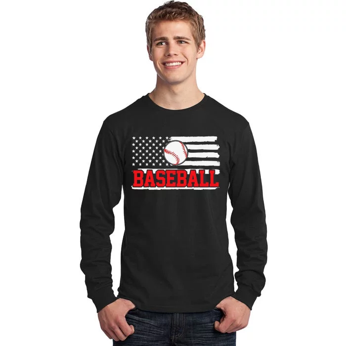 Baseball Player USA American Flag 4th Of July Tall Long Sleeve T-Shirt