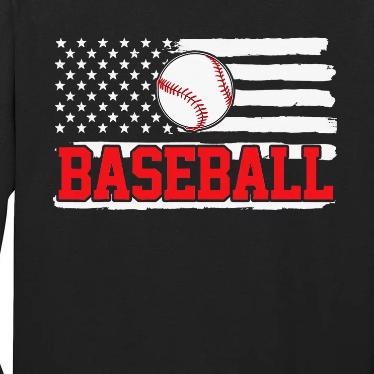 Baseball Player USA American Flag 4th Of July Tall Long Sleeve T-Shirt