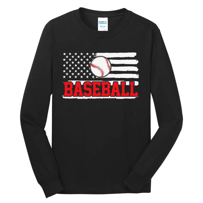 Baseball Player USA American Flag 4th Of July Tall Long Sleeve T-Shirt