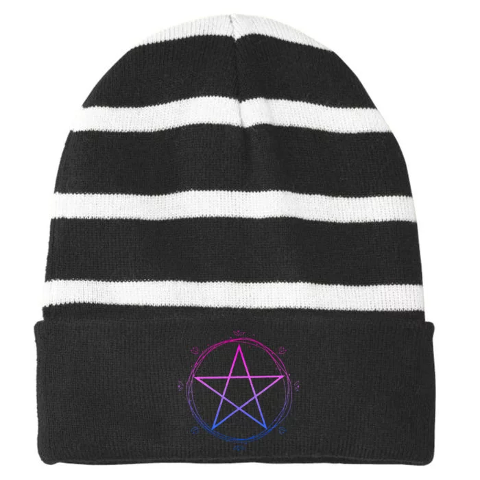 Bisexual Pentagram Wiccan Pagan Bi Pride Flag Boho Floral Striped Beanie with Solid Band