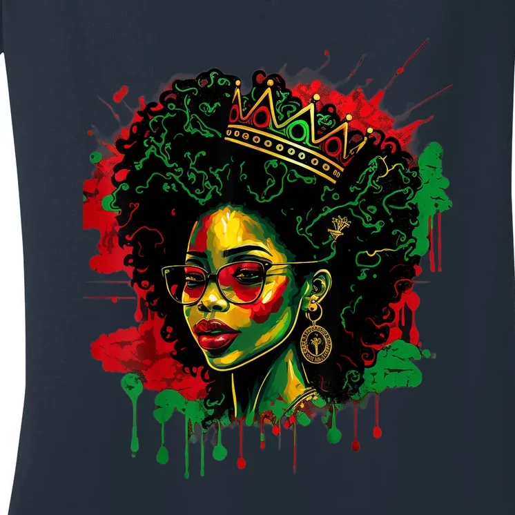 Black Queen Afro Melanin Woman Dripping Art Black History Women's V-Neck T-Shirt