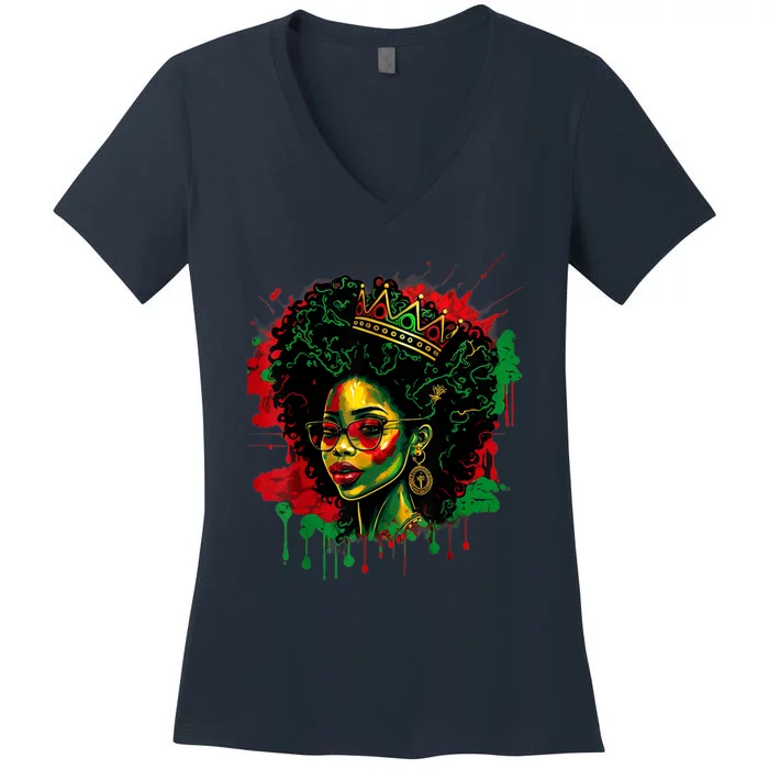 Black Queen Afro Melanin Woman Dripping Art Black History Women's V-Neck T-Shirt