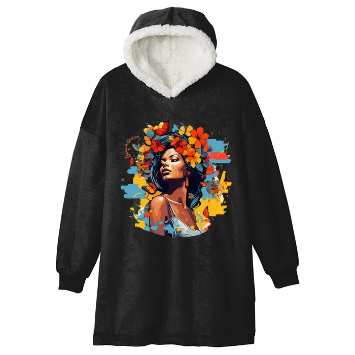 Black Queen Beach Lady Flowers Butterflies Beautiful Hooded Wearable Blanket