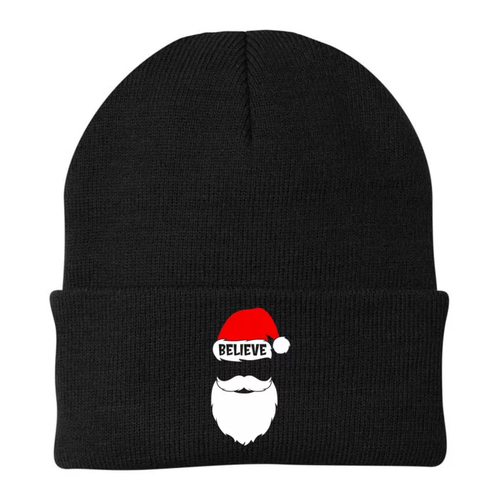 Believe Quote On Santa Hat Mustache Family Reunion Christmas Knit Cap Winter Beanie