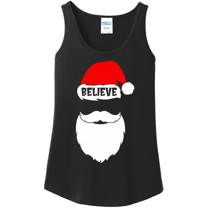 Believe Quote On Santa Hat Mustache Family Reunion Christmas Ladies Essential Tank