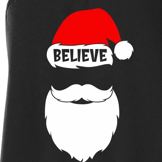 Believe Quote On Santa Hat Mustache Family Reunion Christmas Women's Racerback Tank